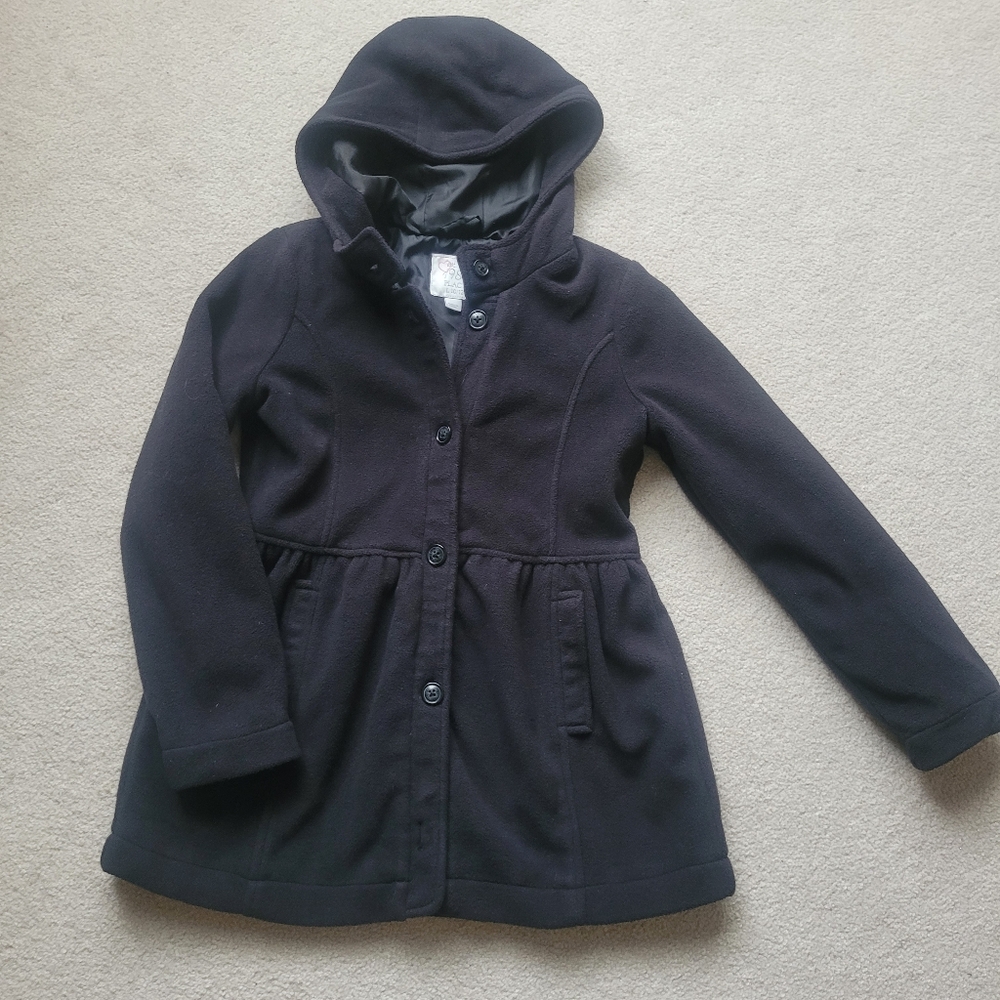 Black Hooded Fleece Pea Coat for Girls - Size L 10/12